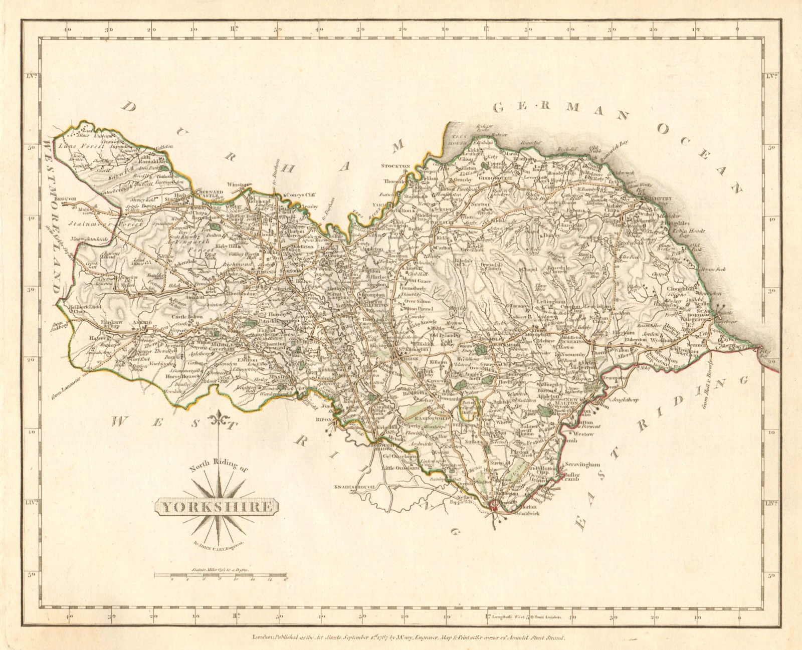 NORTH RIDING OF YORKSHIRE antique map by JOHN CARY. Original outline colour 1787